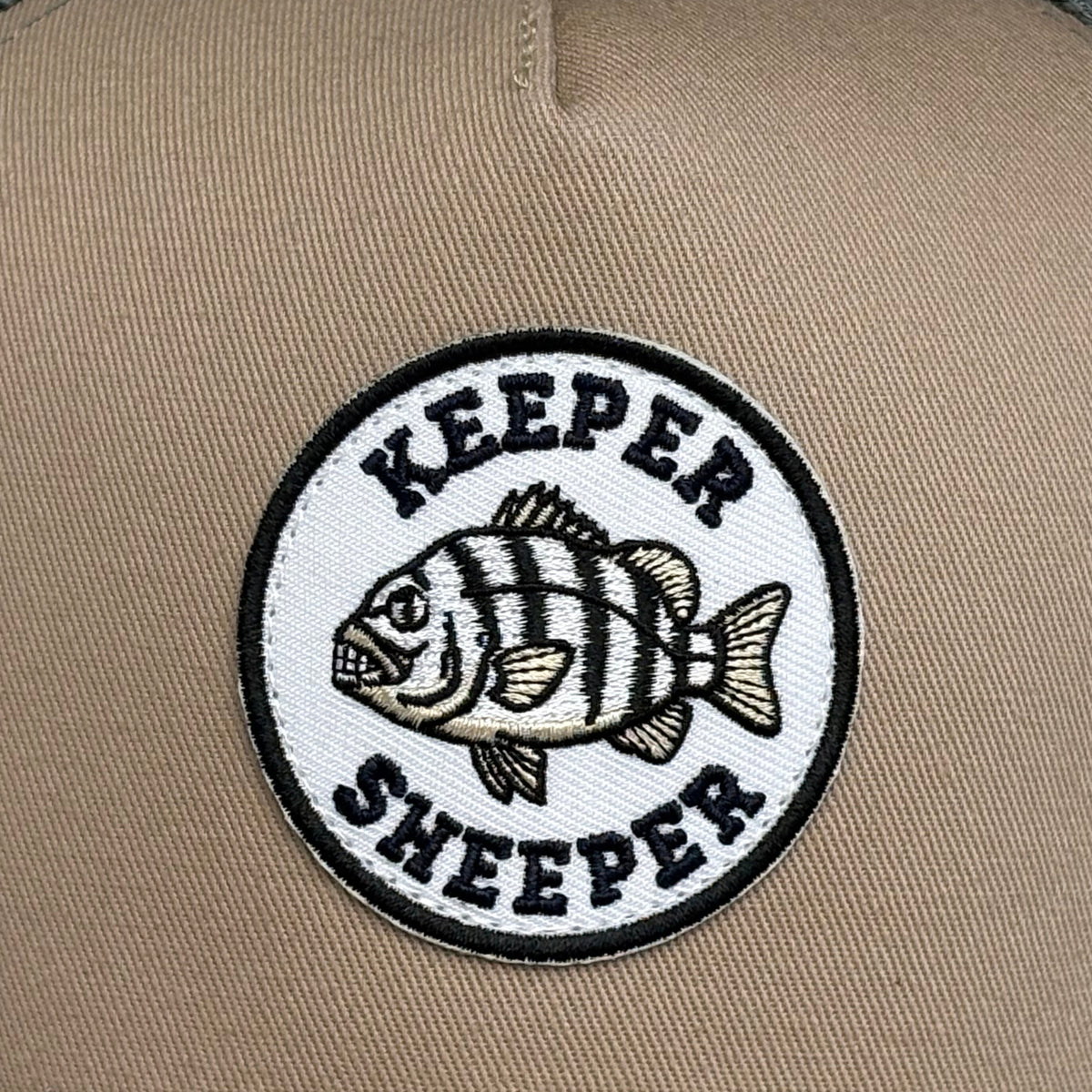 Keeper Sheeper embroidered patch close-up - detailed sheepshead fish design with black and white stitching