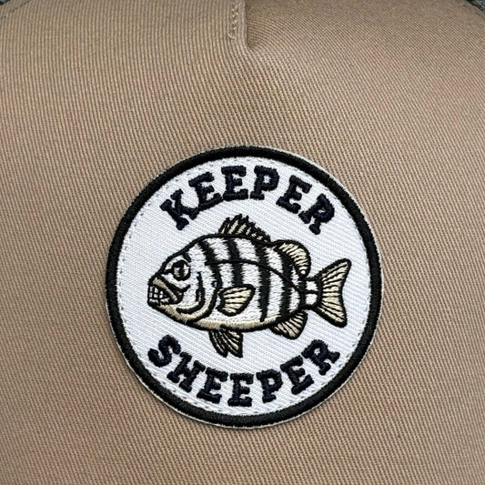 Keeper Sheeper embroidered patch close-up - detailed sheepshead fish design with black and white stitching