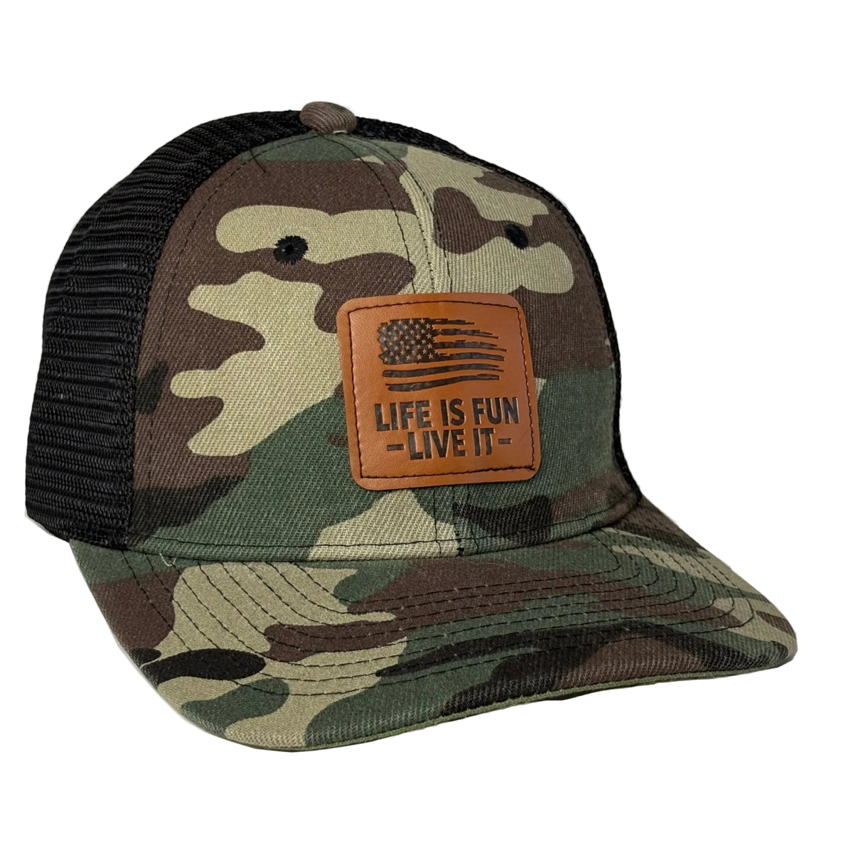 Camo trucker hat with American flag leather patch - Life Is Fun Live It front angle view