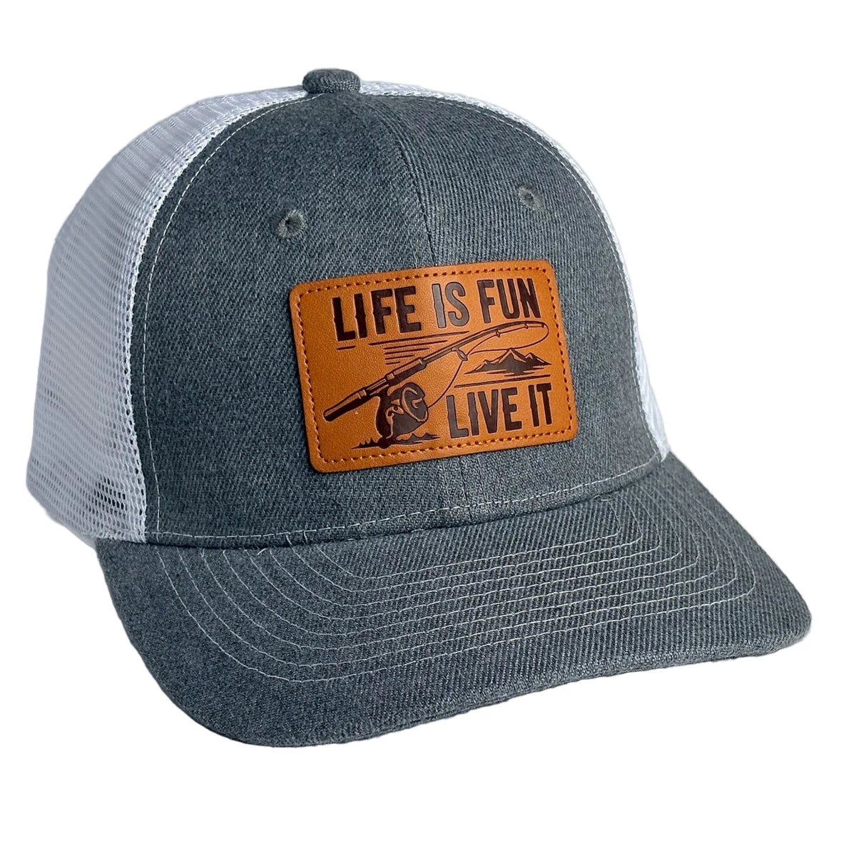 Grey and white mesh trucker hat with Life Is Fun Live It leather patch front view