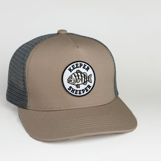 Sheepshead fishing hat - Keeper Sheeper trucker hat front view with embroidered sheepshead patch