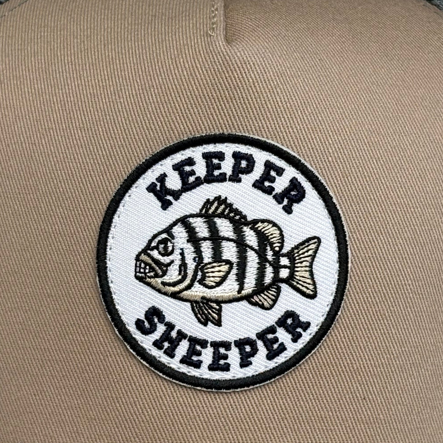 Keeper Sheeper embroidered patch close-up - detailed sheepshead fish design with black and white stitching