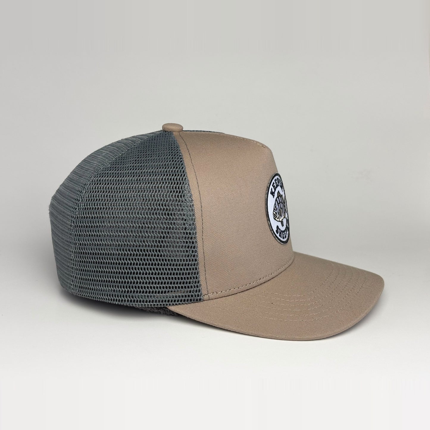 Sheepshead fishing trucker hat - Keeper Sheeper side profile khaki and grey mesh