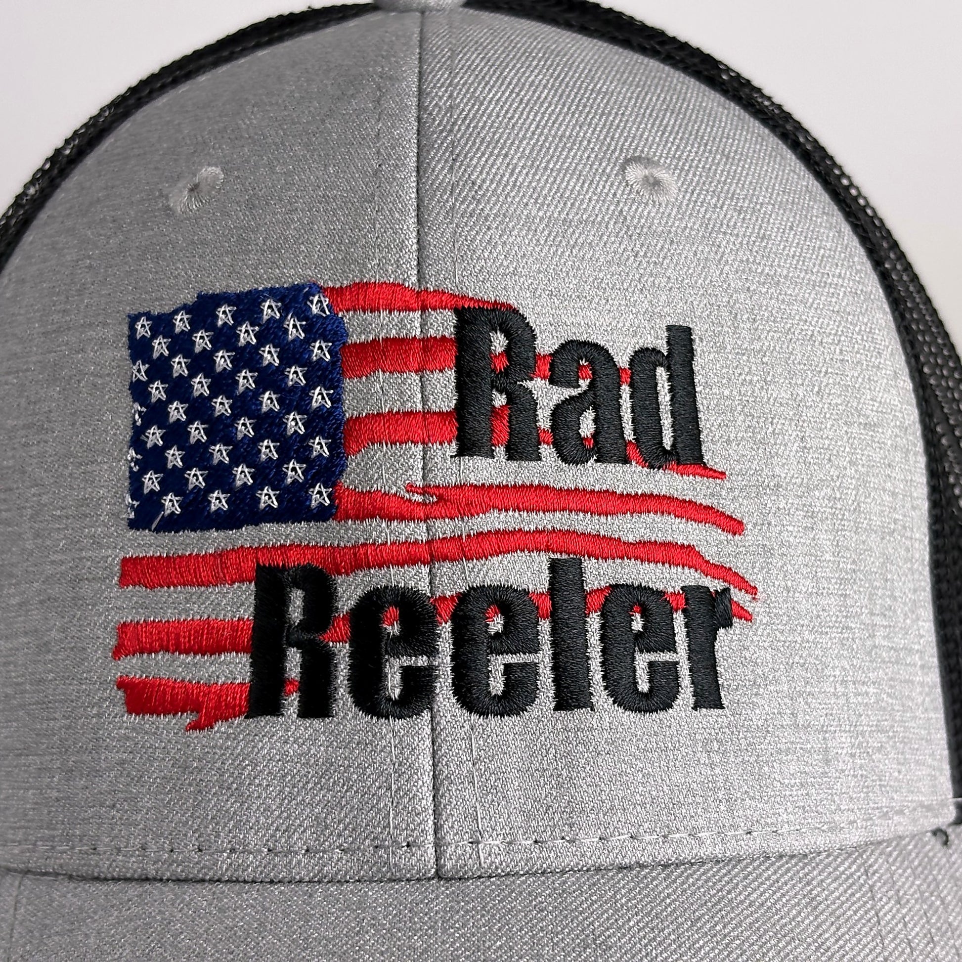 American flag embroidery with Rad Reeler text close-up