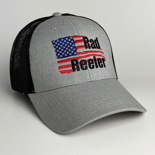 Grey and black mesh trucker hat with American flag Rad Reeler embroidery front view